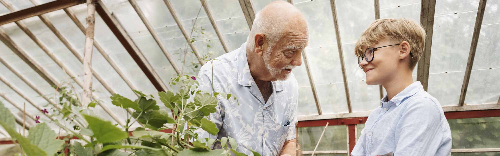 En äldre man pratar med ett barn i växthuset